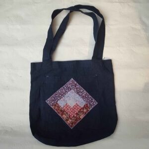 Denim Tote Bag with Quilted Square Floral Patchwork Small Cottagecore Grannycore